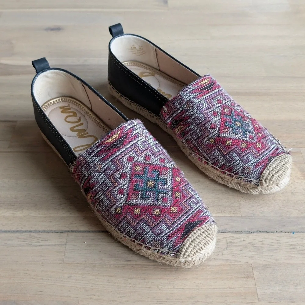 Sam Edelman Khloe Espadrille Flats Women Geo‎ Pattern Black Leather Size 8.5